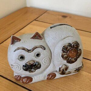 Cat Money Coin Bank Stoneware Ceramic Vintage Counterpoint Flower Design